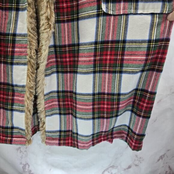 Pottery Barn Robe Women Plaid Faux Fur Hooded Flannel Holiday Christmas Stewart - Picture 4 of 14